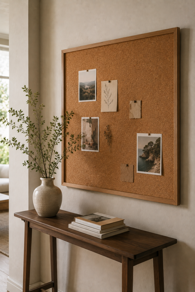 Large natural cork board with a warm oak frame styled as decorative wall art above a simple console table.