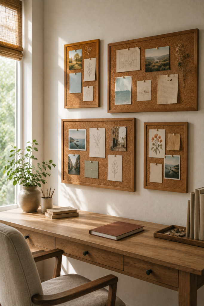 Creative wall decor featuring multiple cork boards arranged together with photos, sketches, postcards, and personal inspiration.