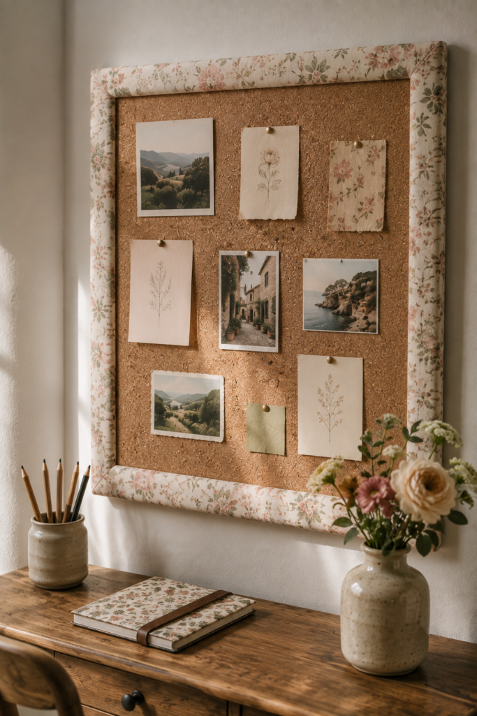 Customized cork board with a soft floral fabric border, photographs, postcards, and simple decorative details.