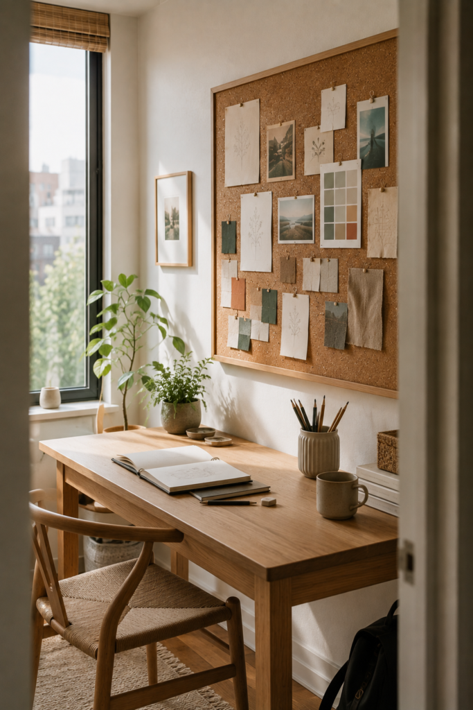 Compact creative desk area with a large cork board for sketches, photos, color samples, and everyday inspiration.