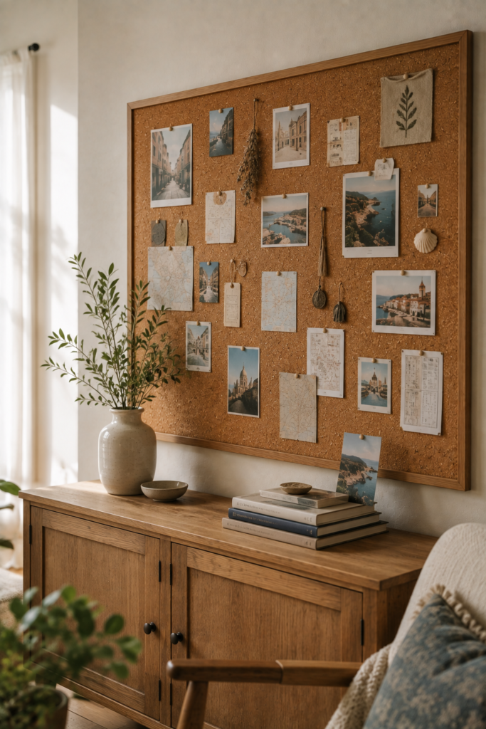 Personal travel memory cork board filled with photographs, postcards, map pieces, and collected keepsakes.
