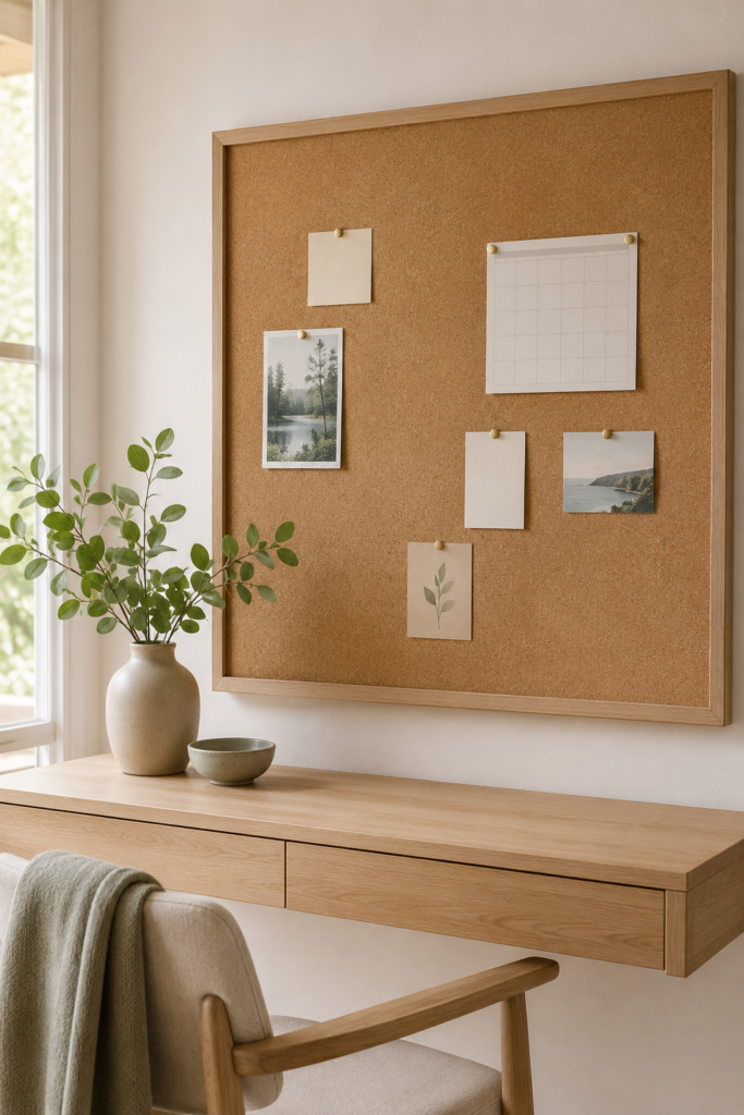 Minimal framed cork board with a few notes, photos, and reminders above a simple small workspace.