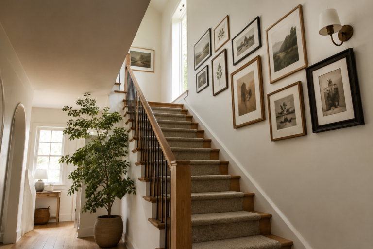 Beautiful stairwell with a natural oak staircase, neutral runner, gallery wall, greenery, and soft natural daylight.