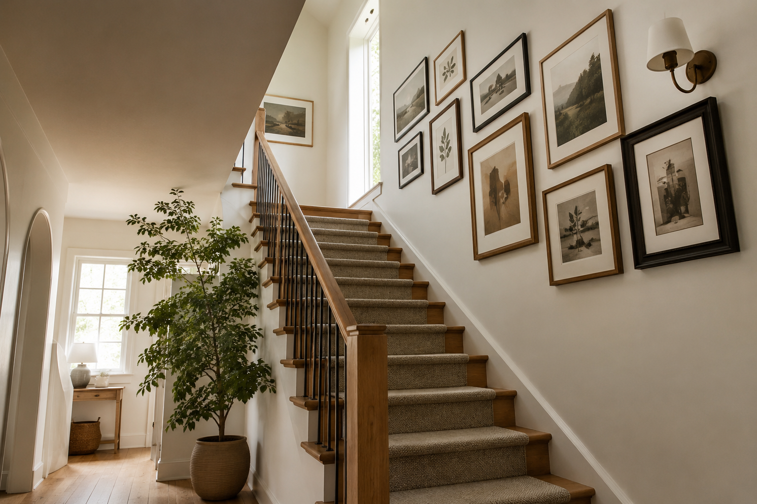 Beautiful stairwell with a natural oak staircase, neutral runner, gallery wall, greenery, and soft natural daylight.