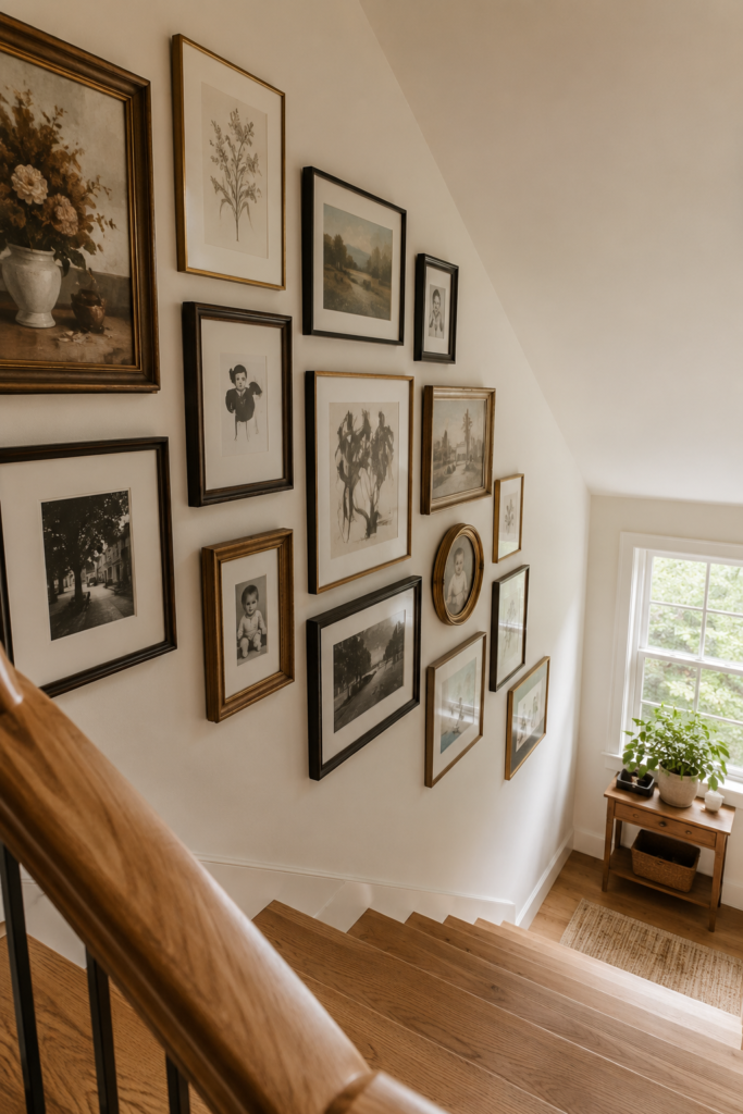 Stairwell gallery wall with mixed artwork, photographs, and warm wood frames following the angle of a natural oak staircase.