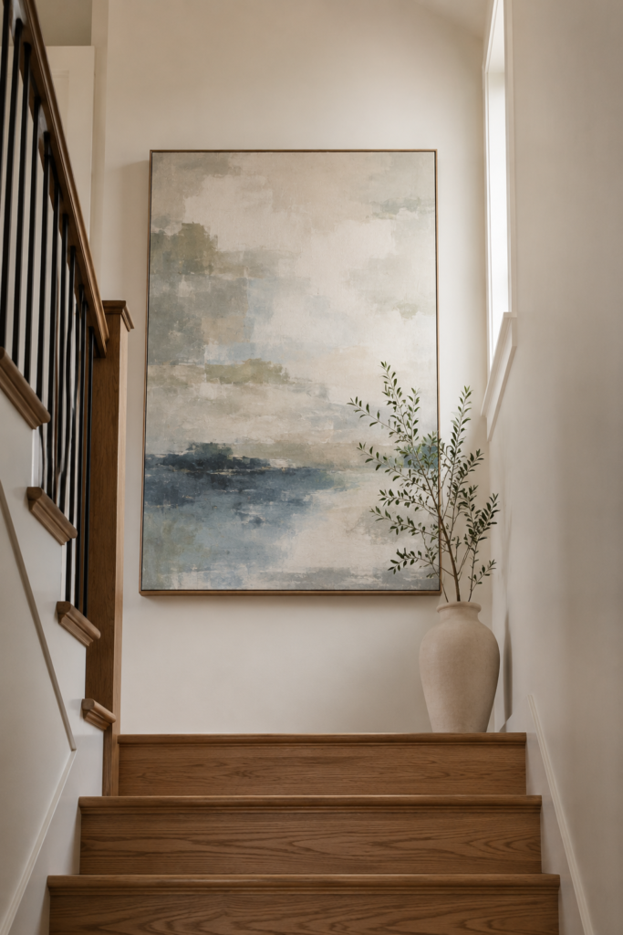 Minimal stair landing with a large abstract artwork, warm white walls, natural oak stairs, and simple ceramic decor.