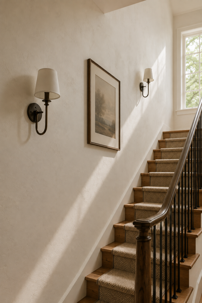 Elegant stairwell with sculptural wall sconces, natural oak stairs, textured walls, artwork, and a neutral stair runner.