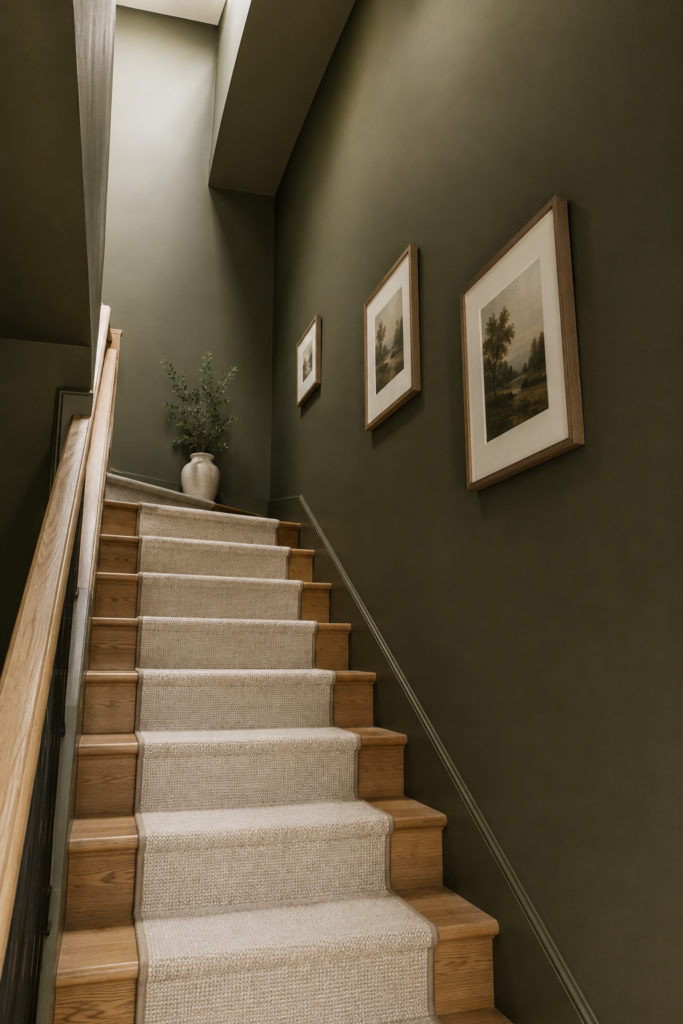 Sophisticated olive green stairwell with natural oak stairs, a cream runner, and simple framed artwork.