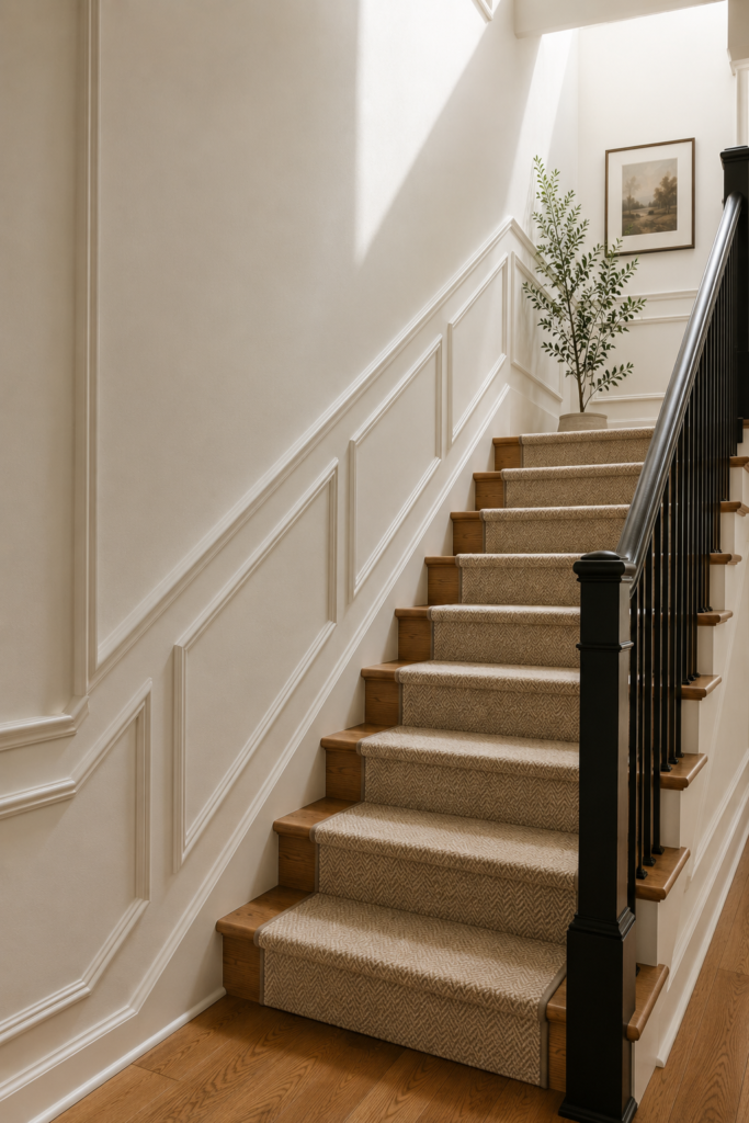 Classic stairwell with warm white picture-frame molding, natural oak stairs, a neutral runner, and minimal decor.
