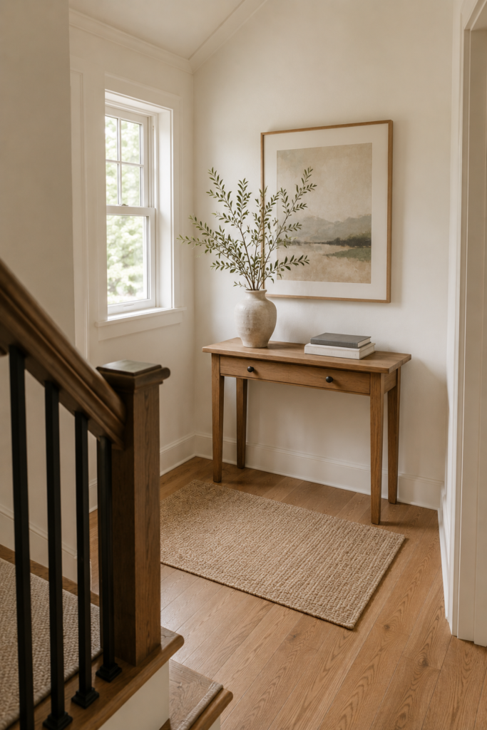 Small stair landing decorated with a narrow oak console table, ceramic vase, natural branches, books, and abstract artwork.