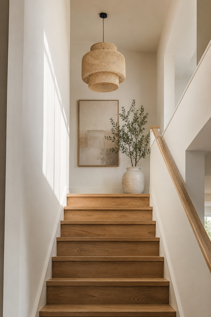 Modern stairwell with natural oak stairs, a sculptural pendant above the landing, framed artwork, and a simple leafy plant.