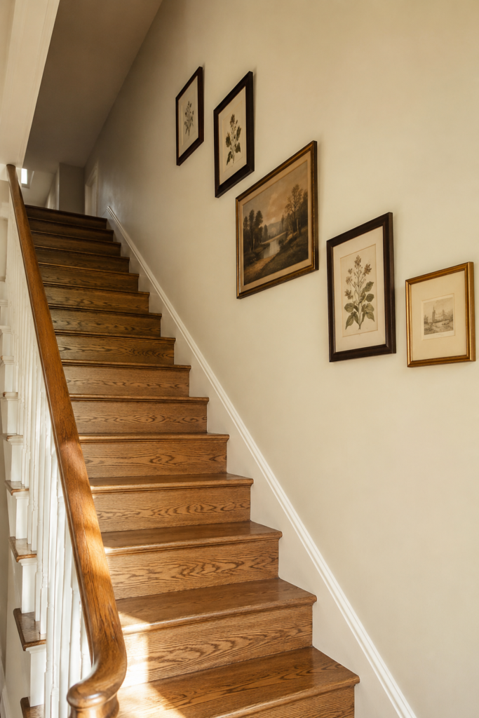 Traditional stairwell with natural oak stairs and a small collection of vintage botanical and landscape artwork in mixed antique-style frames.
