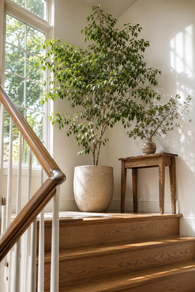 Bright stair landing decorated with a tall leafy indoor tree, sculptural branches, natural wood furniture, and warm white walls.