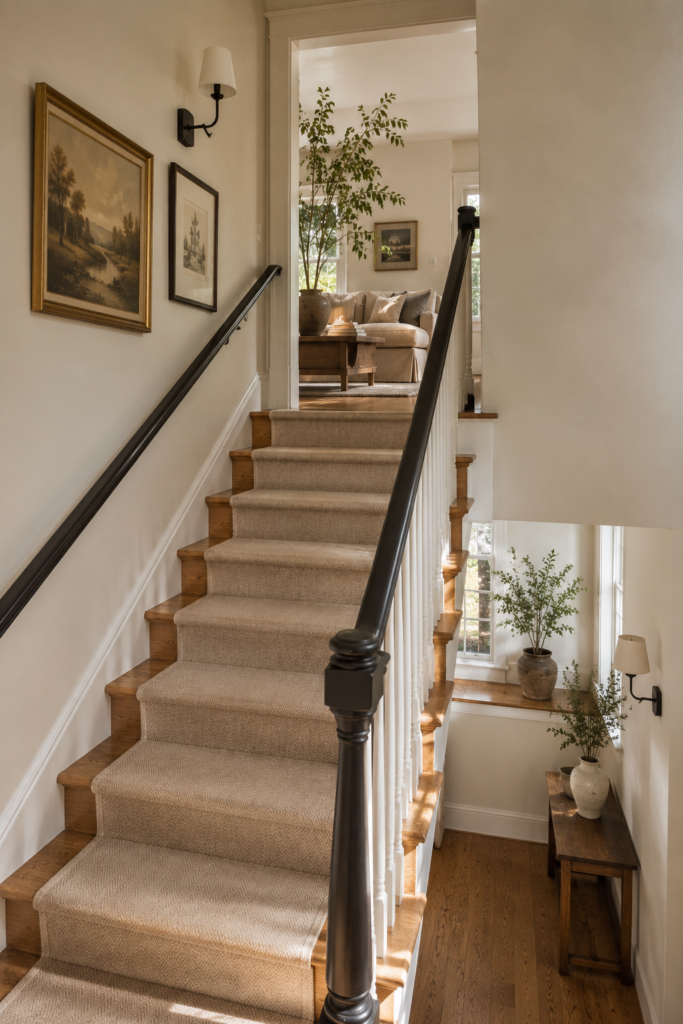 Coordinated home stairwell with natural oak stairs, neutral runner, warm white walls, artwork, and a connected view into the living space.