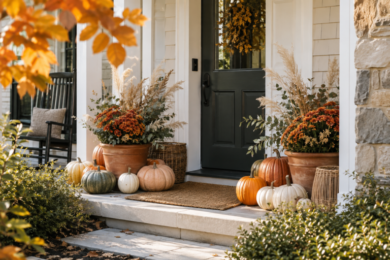 Beautiful American front porch decorated for fall with pumpkins, mums, dried grasses, baskets, and natural seasonal textures.