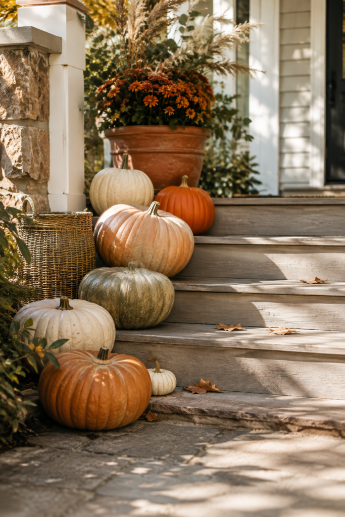Fall porch steps decorated with layered pumpkins in orange, cream, green, and heirloom varieties.