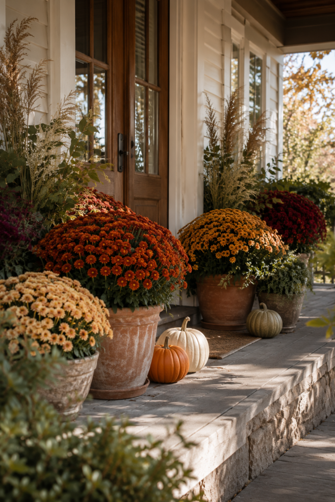 Front porch decorated with colorful fall mums in terracotta planters, dried grasses, greenery, and small pumpkins.