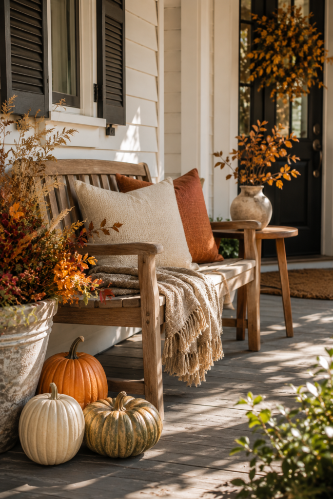 Cozy fall porch seating area with a wooden bench, textured cushions, a soft throw, pumpkins, and seasonal foliage.