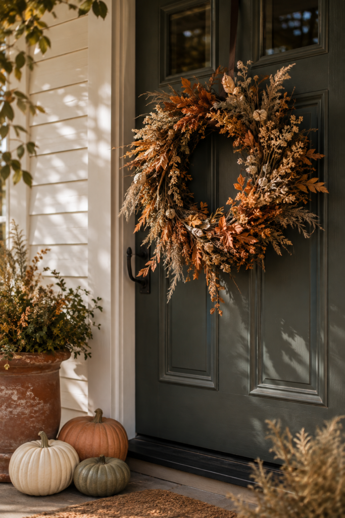 Natural fall wreath made with dried leaves, branches, grasses, and seed pods hanging on a painted front door.