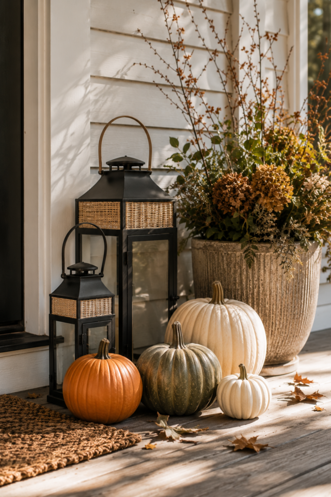 Decorative fall porch arrangement with black metal lanterns, woven lanterns, pumpkins, greenery, and dried seasonal branches.
