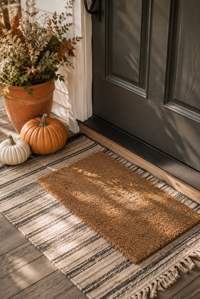 Layered front porch entrance with a coir doormat over a striped outdoor rug, pumpkins, and a seasonal planter.
