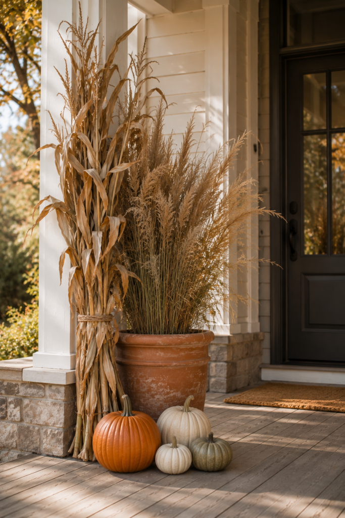 Fall porch decorated with natural corn stalks, dried grasses, terracotta planters, and pumpkins.