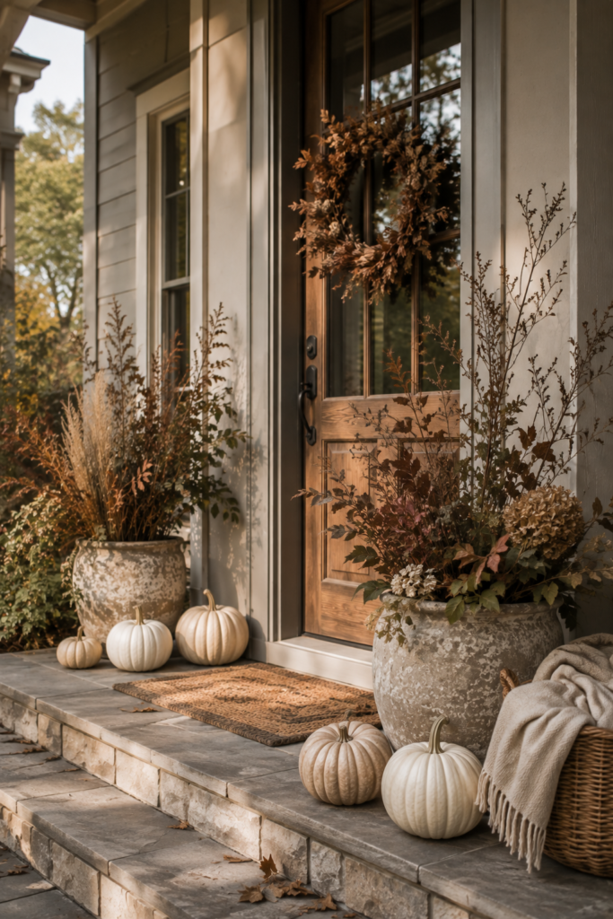 Elegant neutral fall porch with cream pumpkins, faded rust foliage, olive greenery, natural textures, and a warm wood door.