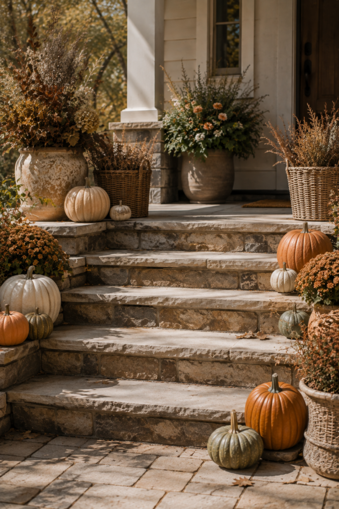 Natural stone porch steps decorated along the edges with pumpkins, seasonal planters, baskets, and dried fall branches.