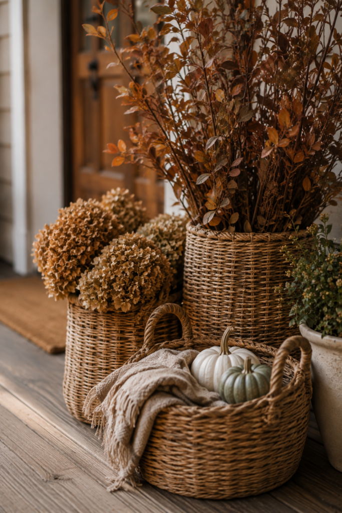 Woven baskets used as fall porch decor and filled with dried flowers, seasonal branches, pumpkins, and a textured throw.
