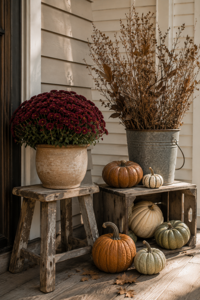 Vintage-inspired fall porch display with a weathered wooden crate, aged stool, metal bucket, mums, pumpkins, and dried branches.