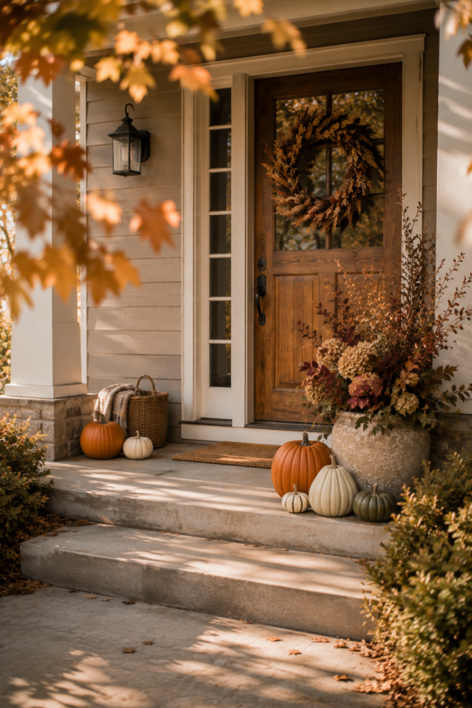 Balanced fall front porch with pumpkins, seasonal foliage, a natural wreath, woven basket, and an open welcoming entrance.