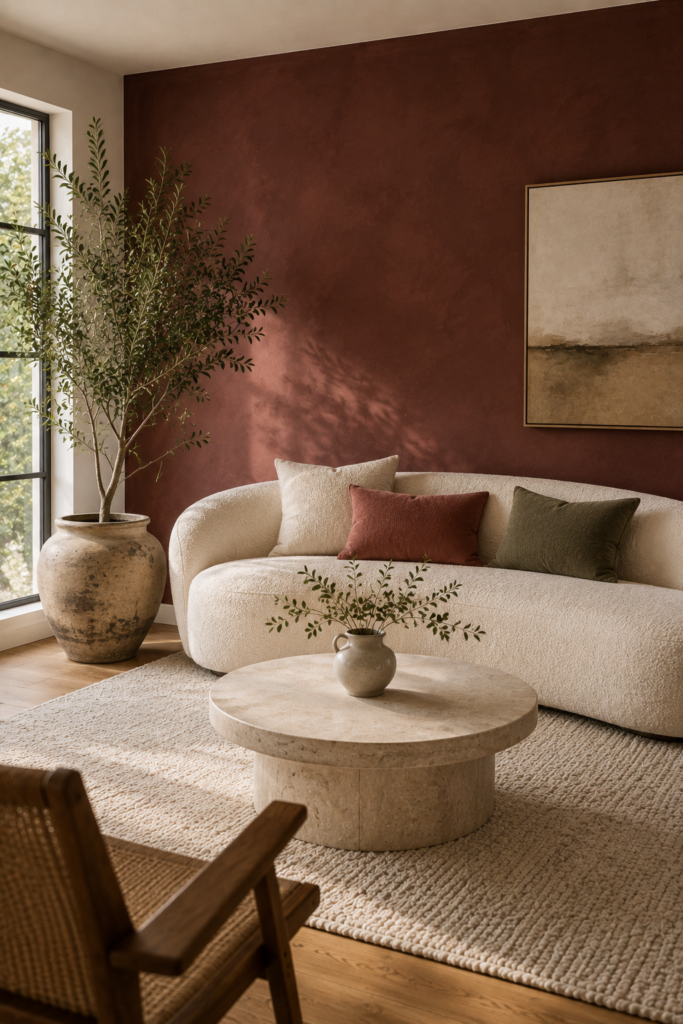Warm maroon accent wall in an elegant living room with an ivory sofa, natural wood, cream rug, ceramic decor, and indoor greenery.