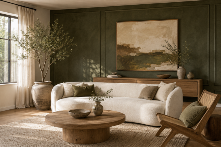 A sophisticated living room with a deep olive green accent wall, cream sofa, natural oak furniture, botanical decor, and warm neutral textures.
