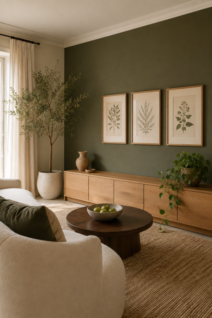 Deep olive green living room accent wall paired with a long natural oak console, botanical artwork, cream sofa, and indoor plants.