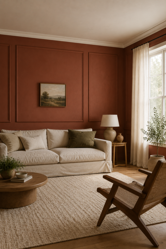 Earthy terracotta-maroon living room accent wall with simple matching rectangular wall molding, cream sofa, oak furniture, and soft natural light.
