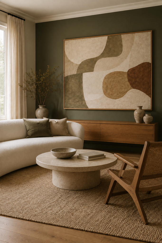 Large abstract artwork displayed on a deep olive green accent wall above a curved cream sofa in a warm neutral living room.