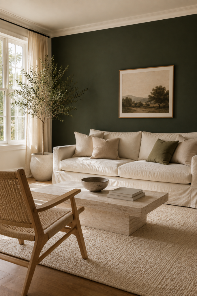 Light cream living room furniture contrasting with a dark olive green accent wall, natural oak chair, neutral rug, and indoor tree.