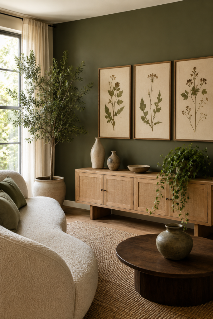 Botanical green accent wall with three framed leaf prints, natural oak console, ceramic decor, indoor plants, and a cream sofa.