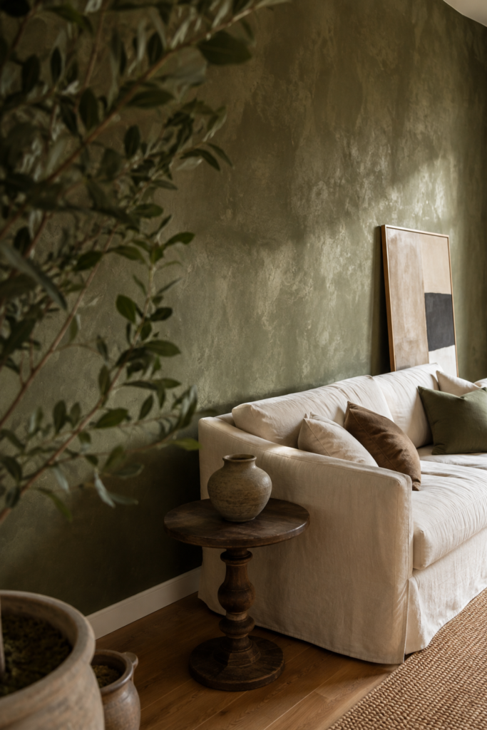 Close angled view of a textured olive green limewash accent wall with a cream sofa, leaning artwork, natural wood, and layered indoor greenery.