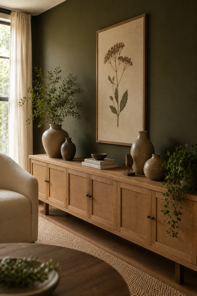 Angled view along a long natural oak console styled with ceramics and greenery against a deep olive green living room accent wall.