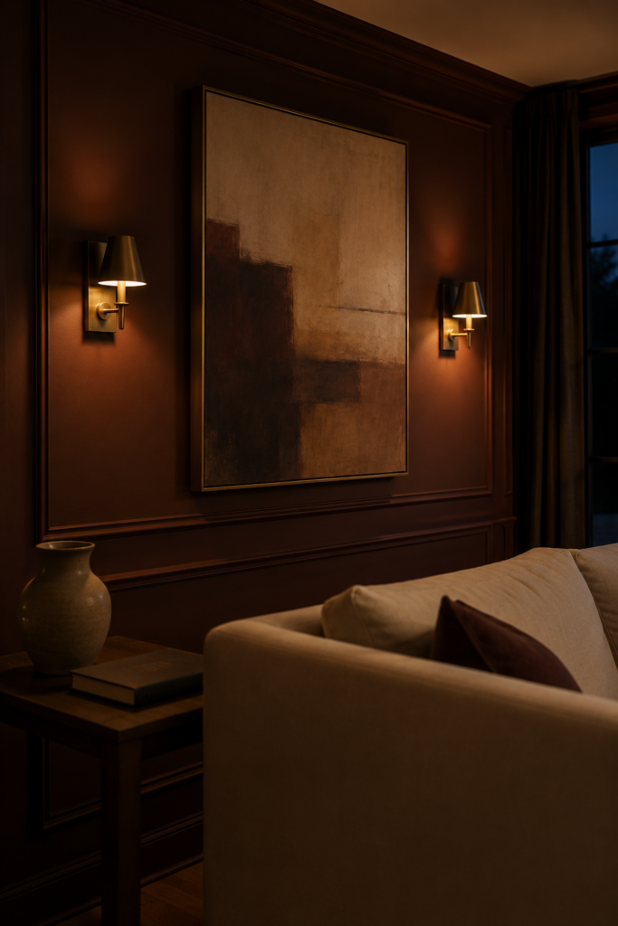 Elegant maroon accent wall with framed abstract art and warm brass sconces creating a cozy evening atmosphere in a living room.