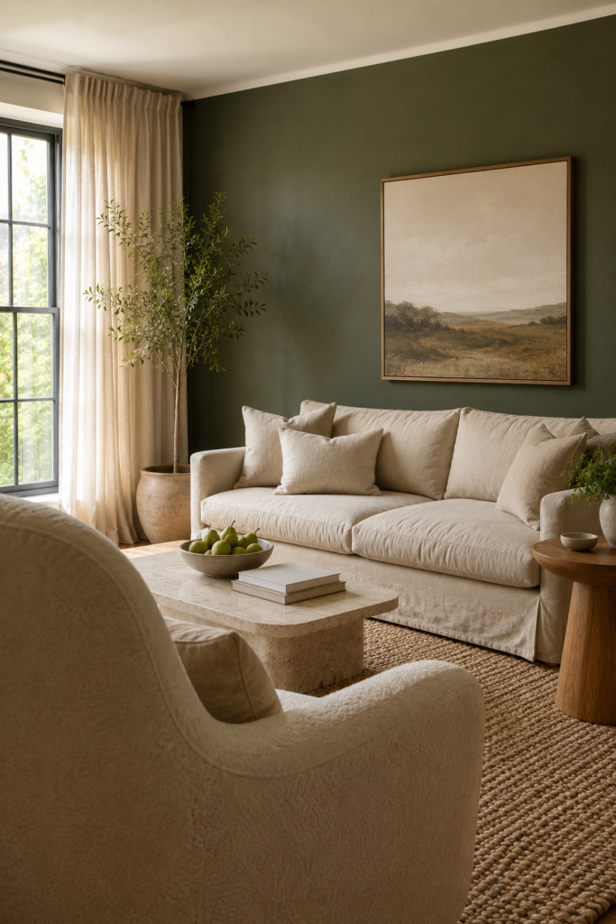 Layered living room view with a deep green accent wall, beige sofa, cream chair, woven rug, pale stone coffee table, and natural light.