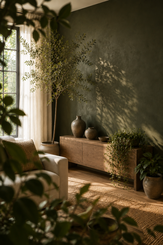 Indoor plants layered around a deep olive green accent wall with a natural wood console and cream sofa in a bright living room.