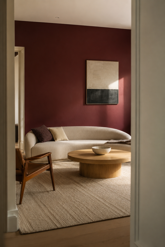 Minimal living room viewed through a doorway with a dramatic maroon accent wall, cream curved sofa, oak coffee table, and neutral rug.