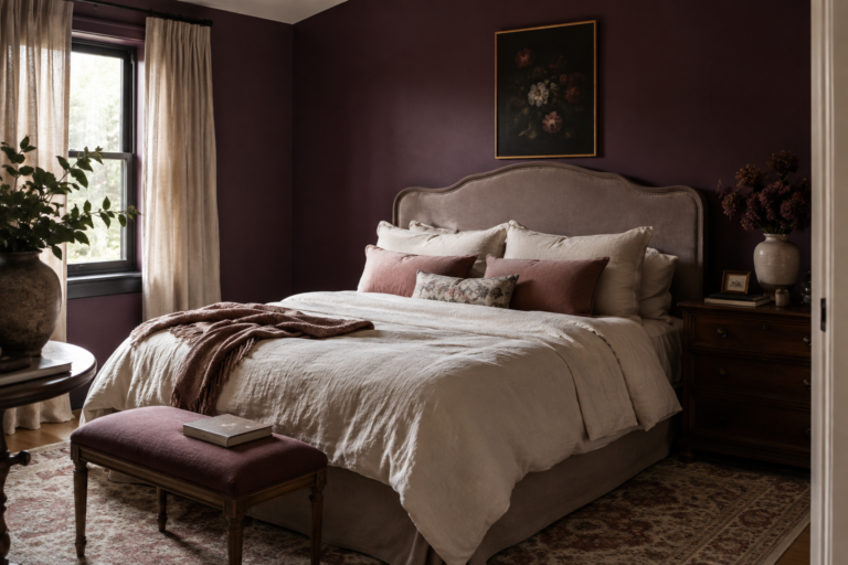 Cozy dark feminine bedroom with a deep plum accent wall, curved taupe headboard, ivory bedding, dusty rose accents, and warm walnut furniture.