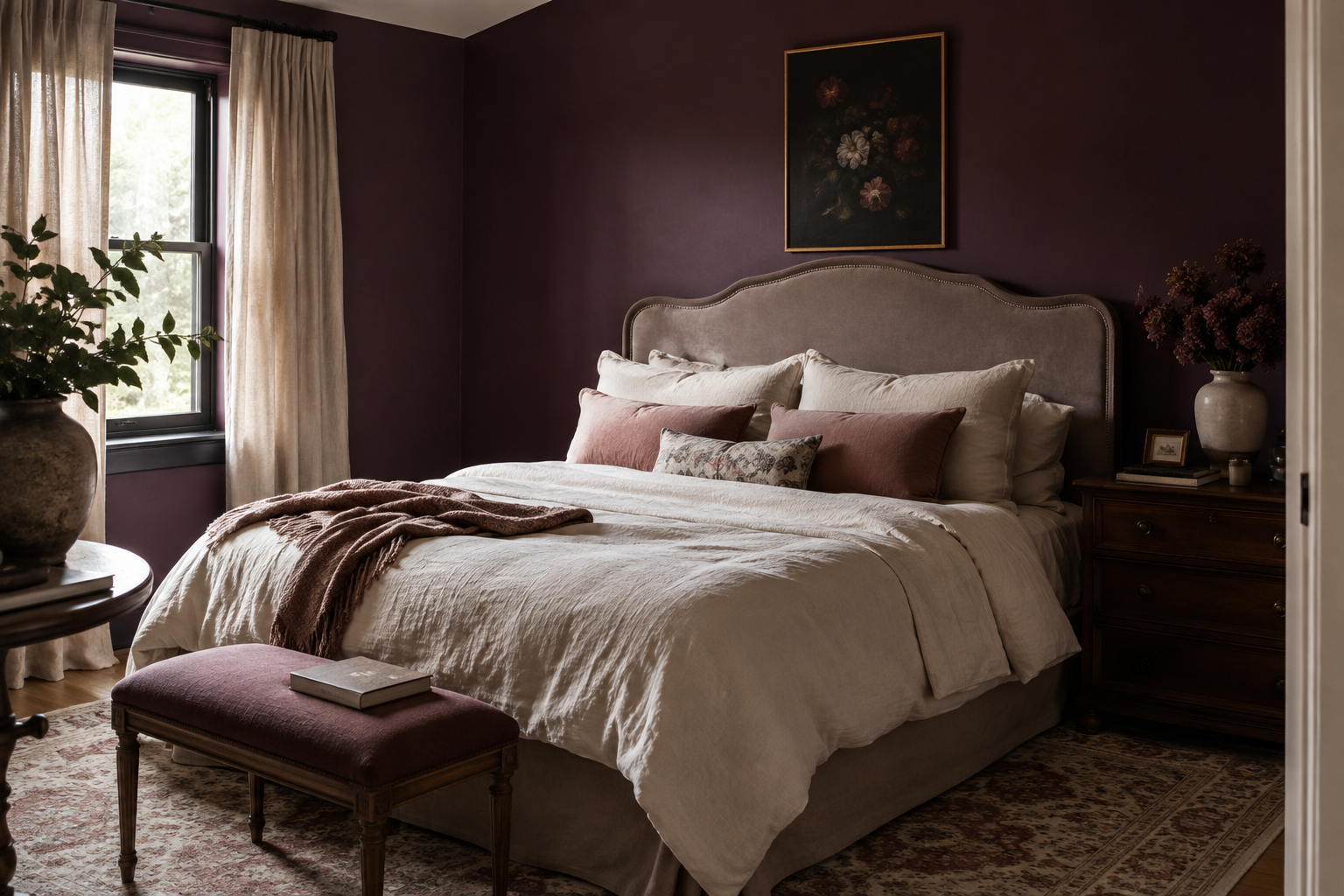 Cozy dark feminine bedroom with a deep plum accent wall, curved taupe headboard, ivory bedding, dusty rose accents, and warm walnut furniture.