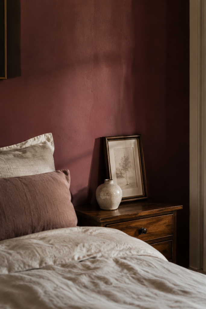 Warm wine-colored bedroom wall paired with cream linen bedding and walnut furniture in a cozy dark feminine bedroom.