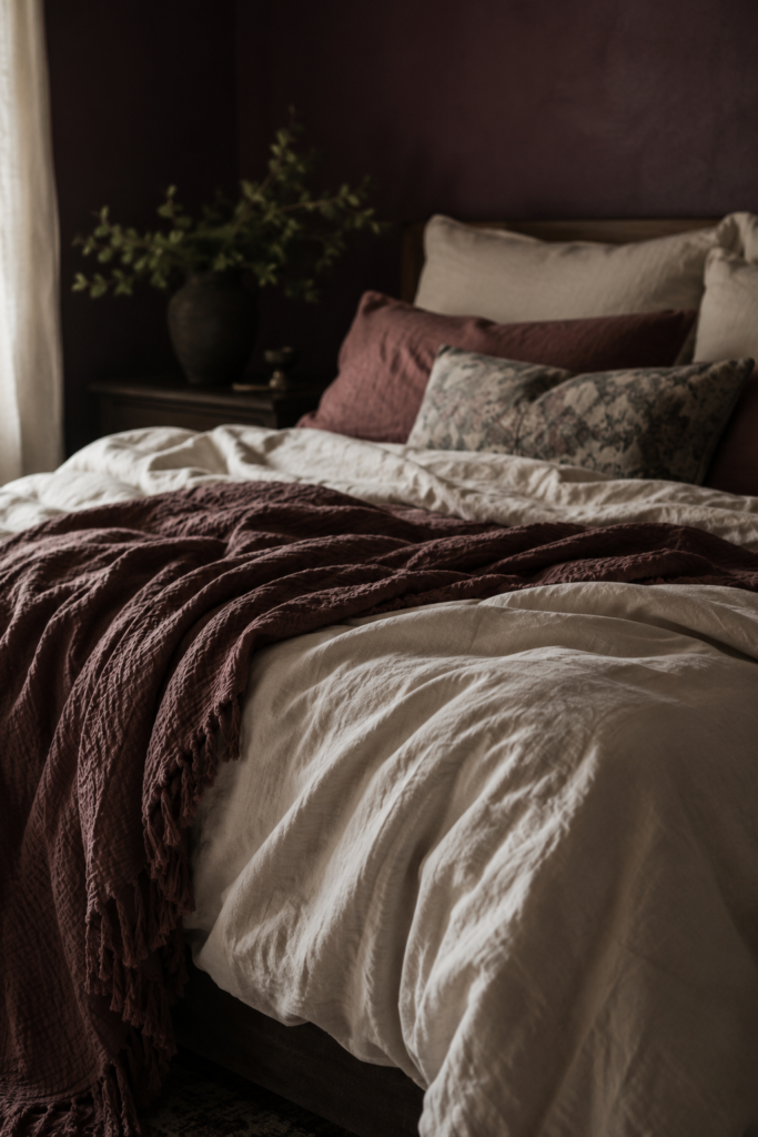 Layered ivory and cream linen bedding with a muted plum throw in a cozy dark feminine bedroom.