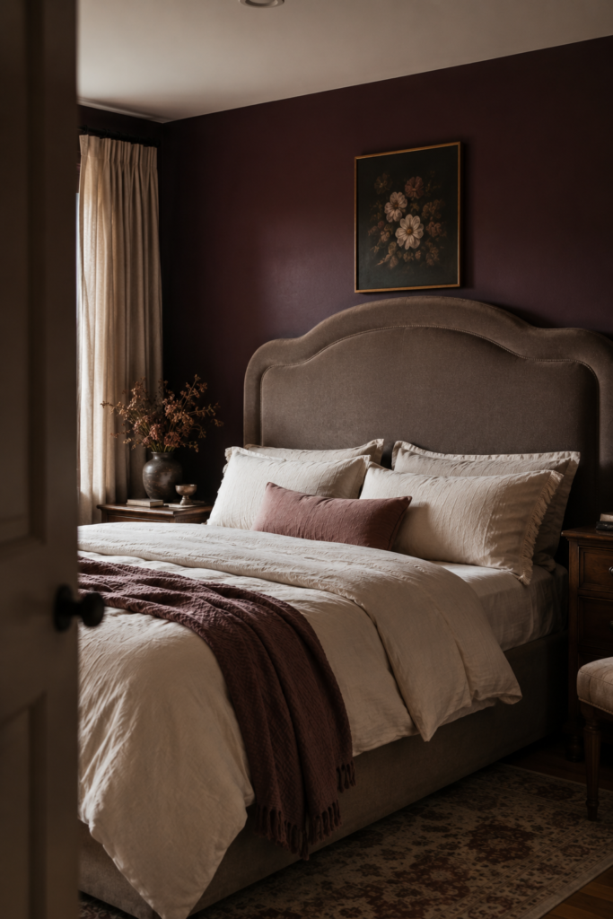 Curved taupe upholstered headboard against a deep moody wall in an elegant dark feminine bedroom.