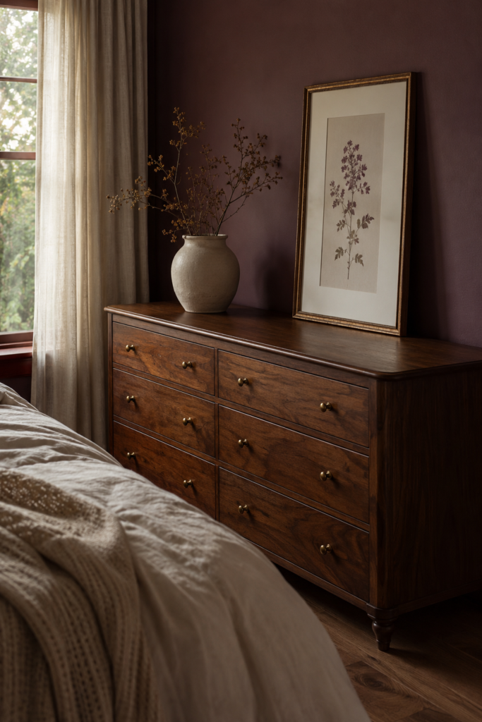 Warm walnut dresser with subtle brass details against a deep plum wall in a dark feminine bedroom.